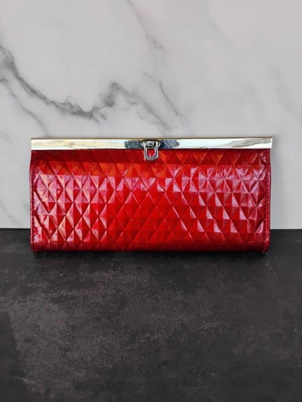 Vintage Red Quilted Geometric Faux-Leather Clutch Wallet